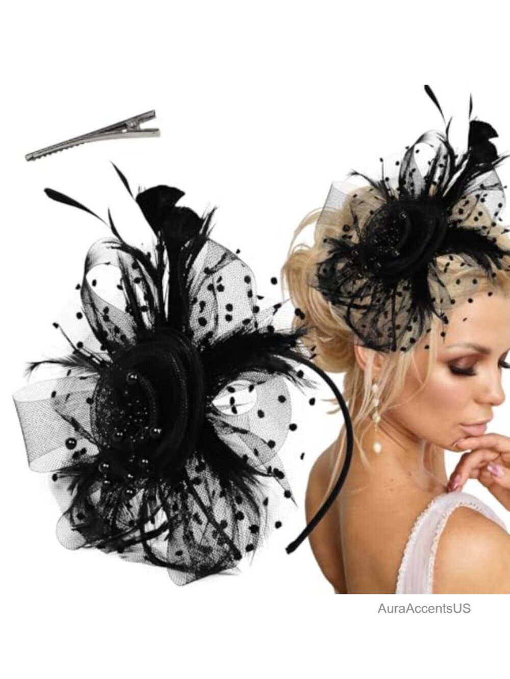 Fascinator Headband with Mesh Feathers & Pearls for Tea Party & Wedding